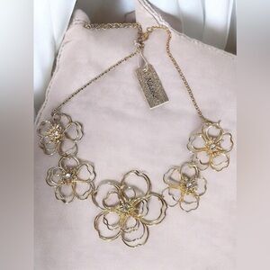 Natasha Couture 3D Gold-Tone Graduated Wire Flower Necklace with Rhinestone Cent
